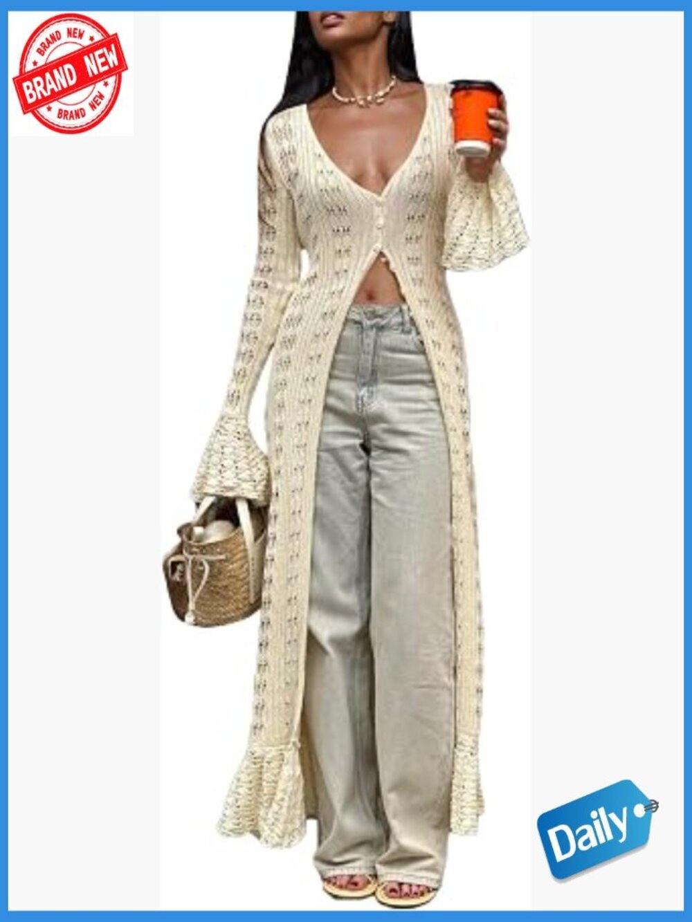 Crochet Hollow Out Knit Cardigan Long Sleeve Maxi Dress Cover Up Button Down